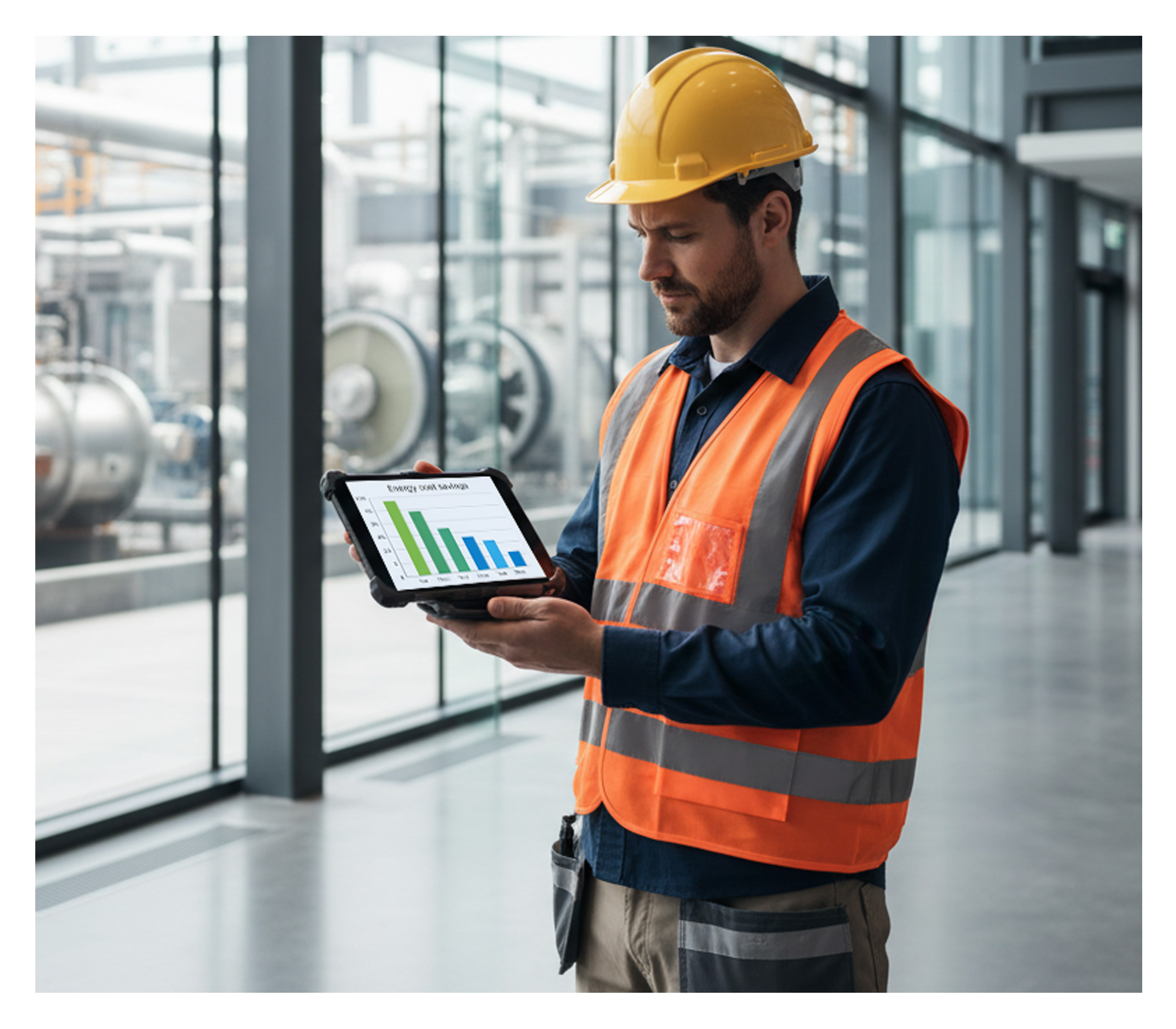 T is for Trend, shows a worker with a tablet looking at charts